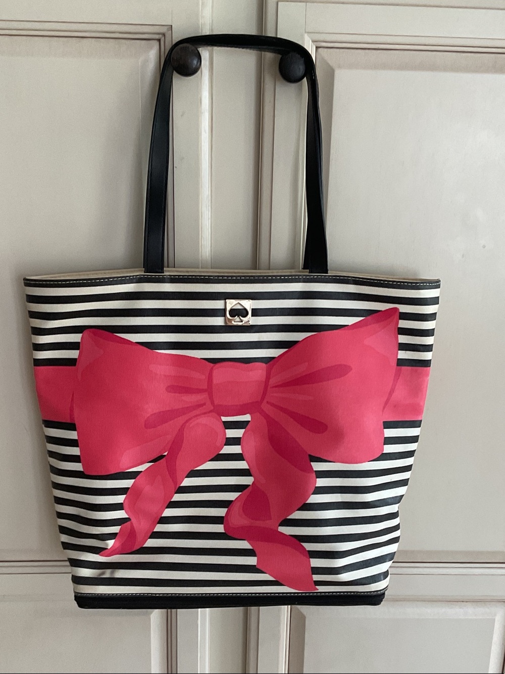 Kate Spade Black & White Striped Tote with Hot Pink Bow